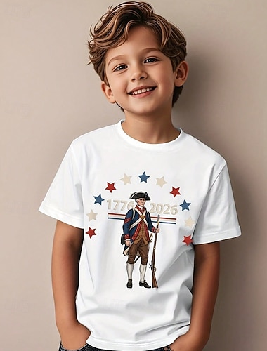  100% Baumwolle Kinder Jungen Schwarz Weiß Grafik Cartoon 250-jähriges Jubiläum Amerikanische US-Flagge für Kinder T-Shirt Bluse Rundhalsausschnitt Kurzarm Outdoor Alltagskleidung Mode Streetwear