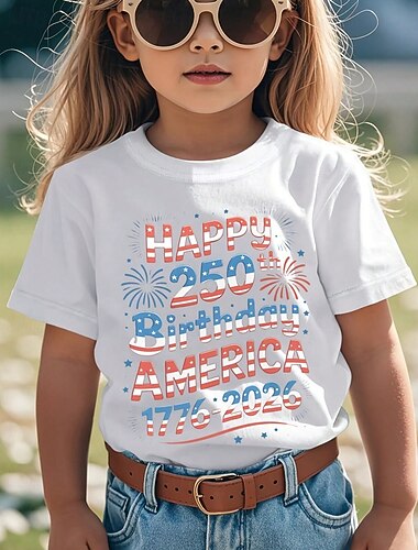  100% Baumwolle Kinder Mädchen Schwarz Weiß Grafik 250-jähriges Jubiläum Amerikanische US-Flagge für Kinder T-Shirt Rundhalsausschnitt Kurzarm Urlaub Sport & Outdoor Alltagskleidung Lässig Drucken