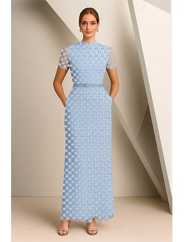  Strak kolom Tot de grond Kralenborduurwerk Formele jurk Jurk voor de moeder van de bruid Avondjurken Elegant Korte mouw Onechte nek Bruiloft Formeel Kant met Sierstenen