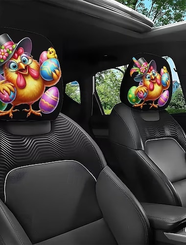  2er-Set Kopfstützenbezüge mit Ostereier-, Hasen- und Blumenmuster, passgenau, waschbar, einfach zu montieren, geeignet für Selbstfahrer-Autoreisen, Familienurlaube und Langstreckenfahrten