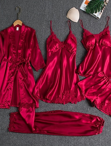  Femmes Loungewear Ensemble Pyjama Mode Occasionnel Doux Couleur Unie Patchwork Pantalon Robes Shorts Maison Vacances manche longue Col en V Noir Champagne Rose Claire Vin Bleu de minuit Été Printemps