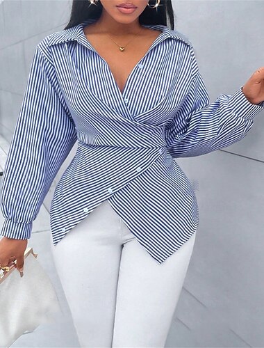  Női Blúz Öltözetes felsők Fodrozott Gombok Nyomtatott Sima Csíkos Elegáns Szüret Napi Hosszú ujj Állógallér Normál felsők Napi Munka Szabadság Fekete Arcpír rózsaszín Égszínkék Lóhere Nyár Tavasz