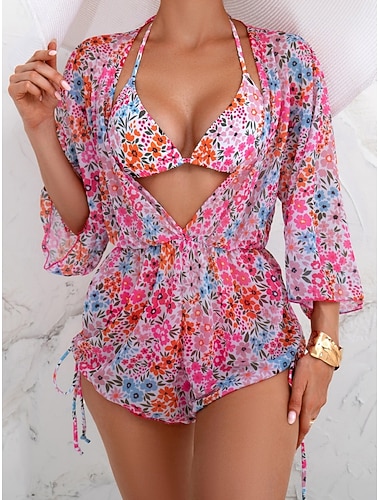  Damen Bikini 3-teiliger Badeanzug Cheeky Slim Rückenfrei Urlaubs Strandbekleidung Floraler V-Ausschnitt Ärmelloser Badeanzug