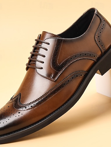 Herresko i brunt kunstskinn med brogue-motiv, klassisk vingetuppdesign, formelle og uformelle sko til kontor og spesielle anledninger