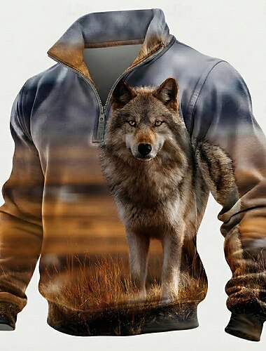  Herren Wolf 3D-Druck Pullover Taktisch Vintage-Retro Jagd Stehkragen Outdoor Arbeit Geschenk Braun Reißverschluss Herbst Winter Designer S M L XL XXL XXXL