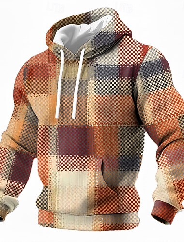  Homens Geométrica Xadrez Moletom Vintage retrô Manga Longa Gola Redonda Ao ar livre Streetwear Amarelo Marron Com Cordão Outono Inverno Designer S M L XL XXL XXXL