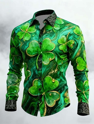  St. Patrick's Day Herren Vierblättriges Kleeblatt Shamrock Hemd Button Up Hemd Langarm Vintage Retro Party Urlaub Frühling Herbst Turndown 3D Druck Kragen Hemden Dunkelgrün Grün