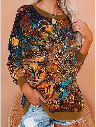  Damen Pullover Sweatshirt Druck Grafik Stammes Mode Lässig Langarm Rundhalsausschnitt Normale Oberteile Straße Alltagskleidung Braun Herbst Winter