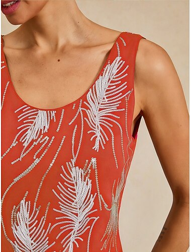  Mulheres Tops de lantejoulas Conjunto de gêmeos Paetês Pena Elegante Manga 3/4 Colarinho Mandarim Tops regulares Convidado do casamento Laranja Primavera Outono