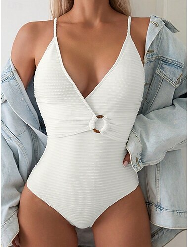  Maiô feminino de uma peça monokini slim sexy recortado controle de abdômen cintura alta slim costas nuas roupa de praia de férias cor sólida decote V sem mangas maiôs