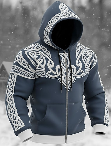  Herren Optische Täuschung 3D-Druck Kelten Kapuzensweatshirt Jacke Pullover Vikinger Fantasie Allover-Druck Langarm Reißverschluss Streetwear Urlaub Ausgehen Blau Schwarz Gelb Reißverschluss Herbst