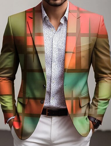  Herr Färgblock Geometrisk Kavajjacka Kappa Bekväm Andningsfunktion Artistisk Ledigt Dagligen Festkvällskläder Casual Ficka 3D-utskrift Knappar Alla årstider Trubbig Långärmad Blå Orange Guld
