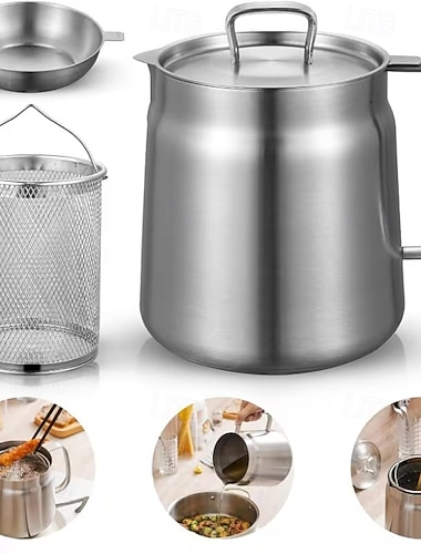  Stor oljefiltergryte i rustfritt stål 304 med stekekurv – multifunksjonelt kjøkkenverktøy for effektiv oljefiltrering, ergonomisk håndtak og jevn helletut, ideell for hjemmekjøkkenet