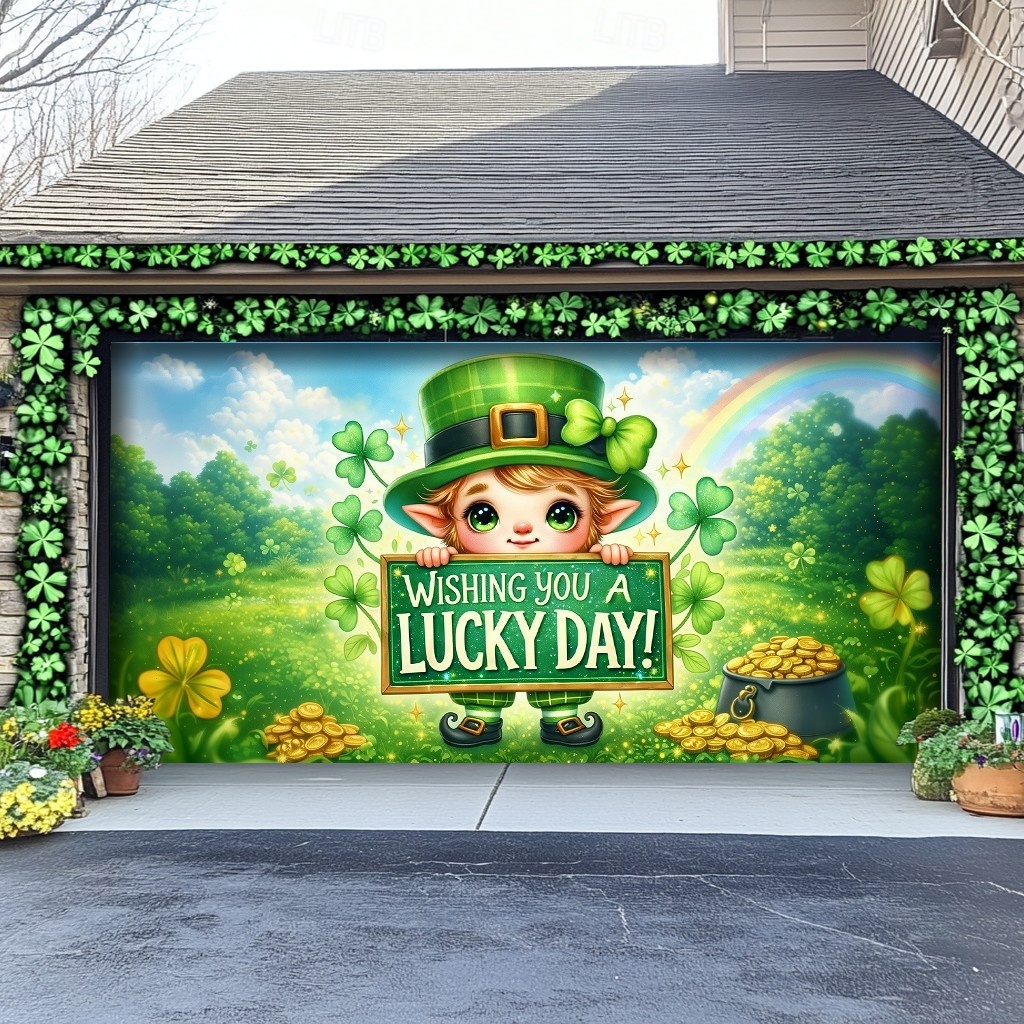  St. Patricks dag garagedörrdekor, söt pyssling som önskar lycka till, regnbåge &klöverbakgrund, festlig utomhusdekoration för St. Patricks dag-firande.