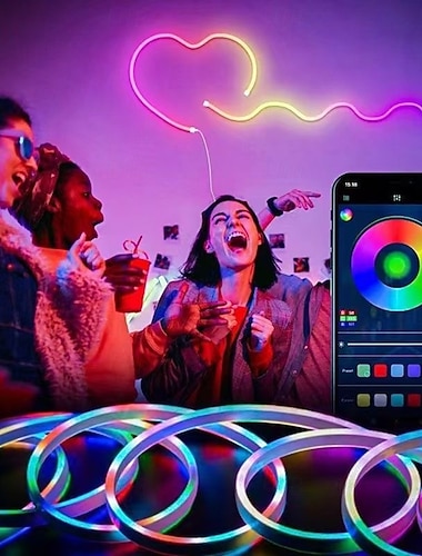 Bande lumineuse néon RGBIC 5V de 1m, 2m, 3m, 5m ou 10m, étanche, flexible, avec télécommande Bluetooth et application pour la décoration intérieure.