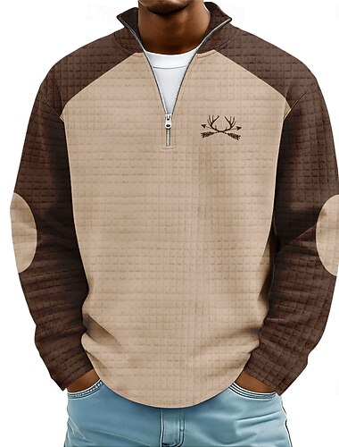  Homens Veado Waffle Moletom Étnico Casual Vintage retrô Caça Colarinho Chinês Quarter Zip Ao ar livre Streetwear Viagem Verde cáqui Cinzento Zip Up Outono Inverno Designer S M L XL XXL XXXL