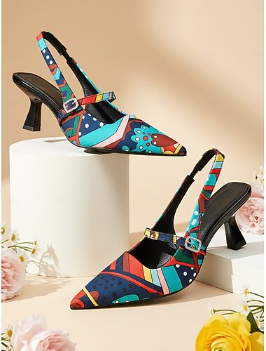  Dames slingback hakken in retrostijl uit de jaren 50, in kleurrijke uitvoering – spitse neus met geometrische print, comfortabele lage hakken voor dagelijks gebruik en feestjes.