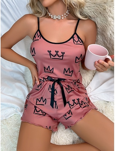  Femmes Ensemble Pyjama Occasionnel Confort Graphique Taille Élastique Débardeur Shorts Quotidien Maison Sans manches Bretelles Bleu Noir Rose Claire Été Printemps Coupe régulière