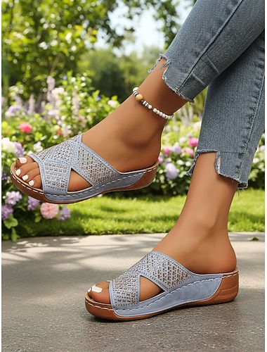  Blå damesandaler med strassutsmykning, komfortable sandaler for ferie, strand, fritid ved bassengkanten og hverdagsstil