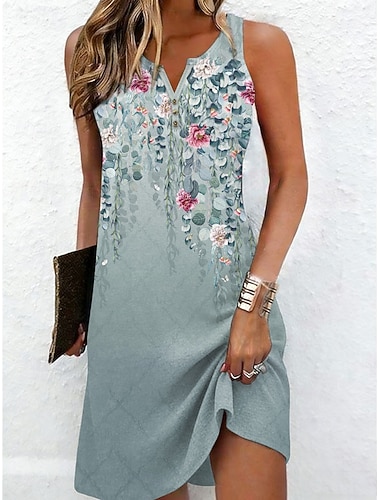  Damen Minikleid Shiftkleid Sommerkleid Schulterfreies Kleid Urlaub Lässig Täglich Ferien Ausgehen Normale Passform Blumen Grafik Ärmellos V Ausschnitt Blau Purpur Grün Sommer Frühling