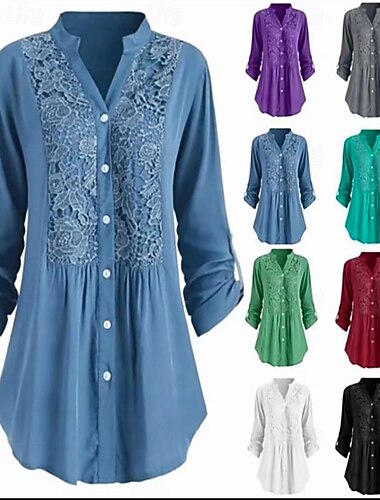  Dames Overhemd Blouse Met ruches Kant Knop Effen Elegant Stijlvol Lange mouw V-hals Normale tops Dagelijks Feestdagen Uitgaan blauw Zwart Wit Wijn Paars Lente Herfst Winter