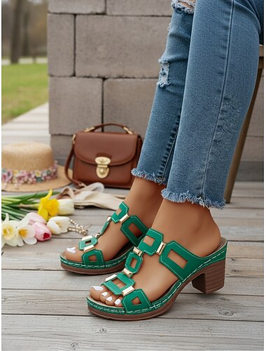  Damessandalen met groene blokhak, comfortabele en gevoerde binnenzool en stabiele middelhoge hak, ideaal voor dagelijks gebruik, stadswandelingen, reizen en sociale gelegenheden.