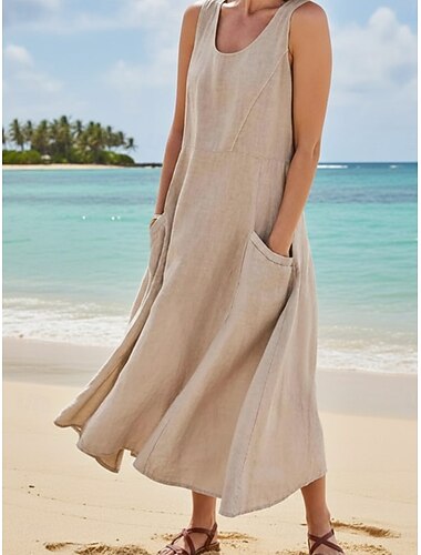  Dames Maxi-jurk Zonnejurk A lijn jurk Vakantie Casual Strand Uitgaan Ruim Passend Effen Kleur Grafisch Mouwloos Ronde hals Licht Blauw Wit Paars Oranje Zomer Lente