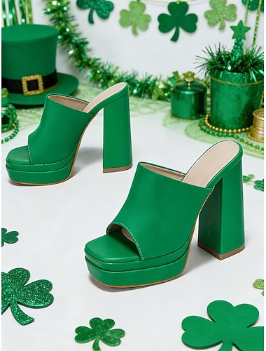  Dámské zelené platformové pantofle na podpatku, saténové boty s otevřenou špičkou na párty ke Dni svatého Patrika