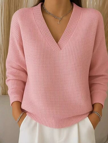  Damen Pullover Sweatshirt Einfach Lässig Langarm V Ausschnitt Normale Oberteile Straße Alltagskleidung Blau Rosa Rote Grün Kaffee Frühling Herbst Winter