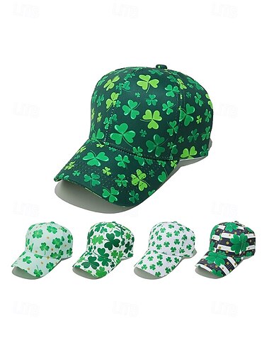  Unisex baseballpet met klaverprint voor St. Patrick's Day, gemaakt van bedrukt polyester met verschillende klavermotieven. Een casual, feestelijke pet voor dames en heren, geschikt voor parades, feesten en andere buitenactiviteiten.