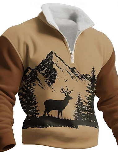  Herren Hirsch Fleece Pullover Mode Lässig 3D Jagd Stehkragen Viertelreißverschluss Outdoor Streetwear Urlaub Geschenk Braun Khaki Dunkelgray Grau Halber Reißverschluss Herbst Winter Designer S M L XL