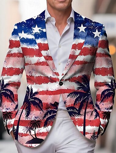  アメリカ独立記念日 男性用 アメリカの米国旗 ブレザージャケット コート ファッション 快適 高通気性 アーティスティック カジュアル カジュアル 日常 パーティーイブニングウェア ポケット 3Dプリント ボタン オールシーズン ノッチドラペル 長袖 ブルー ブルー1