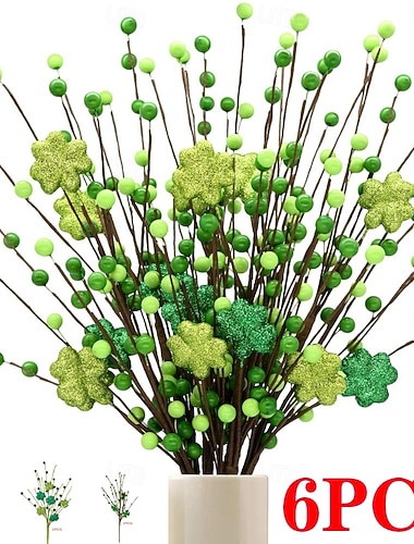  6er-Packung künstliche Kleeblattzweige zum St. Patrick's Day, grüne irische Feiertagsbeerenzweige für Tischdekorationen, Blumenarrangements und DIY-Bastelarbeiten