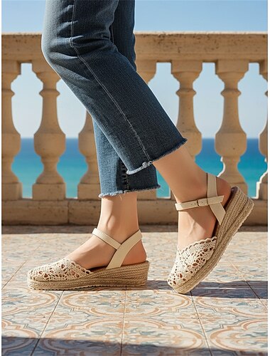  sandali con zeppa espadrillas beige boho all'uncinetto da donna: ideali per le vacanze estive, i resort sulla spiaggia e le gite informali