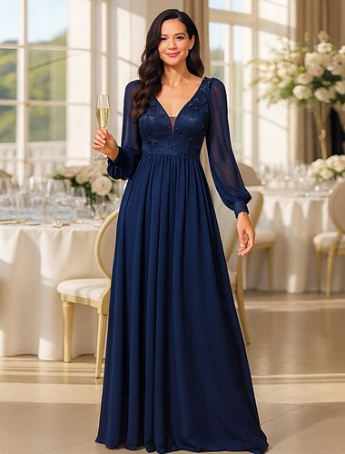  A-Linie Bodenlängen-formelle Kleider Abendkleid Brautmutterkleid Langarm V-Ausschnitt Elegant Vintage Party mit Perlen