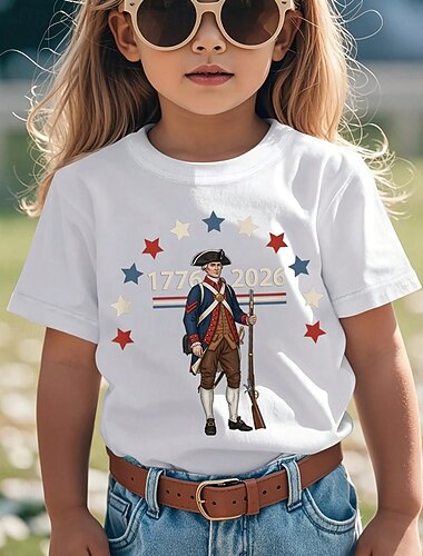  100% Cotone Bambini Ragazze Nero Bianco Grafico 250° anniversario Bandiera americana per bambini Maglietta Girocollo Manica Corta Vacanza Sport & Outdoor Abbigliamento Quotidiano Attivo Vacanza Casual