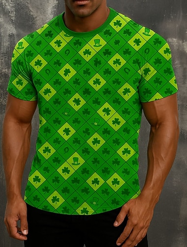  St. Patrick Herren Grafik Kleeblatt Geometrisches Muster T Shirt Kurzarmshirt T-Shirt Kurzarm T-Shirt 3D-Druck Rundhalsausschnitt Hemd Täglich Designer Lässig Party St.Patrick's Day Ferien Grün