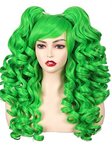  Perucas Verdes Peruca Sintética Cacheada com 2 Rabo de Cavalo Peruca Feita à Máquina Longo Cabelo Sintético Verde Mulheres Festa Natural Verde