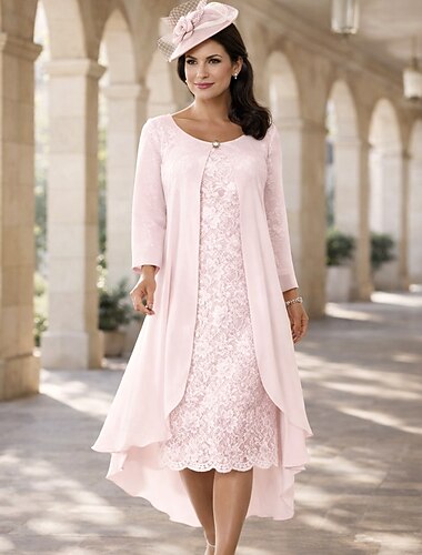  Deux Pièces Ligne A Longueur thé Robe d'invité de mariage Robe de Mère de Mariée  Manche Courte Bijoux Élégant Grande taille robe demoiselle d honneur Fête de mariage Chiffon Dentelle Robes avec Veste