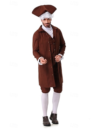  250º Aniversário EUA Rococó Barroco Roupa Manga Comprida George Washington Colonial Guerra Revolucionária Fantasia Homens Carnaval Dia da Independência 4 de julho Adulto Casaco Calças Colar