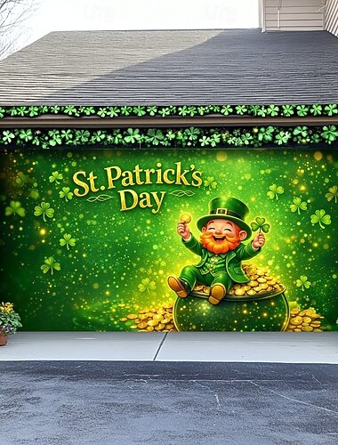  Garagedeurdecoratie voor St. Patrick's Day: een vrolijke kabouter met een pot goud. &Klavertjes, de perfecte feestelijke decoratie voor de viering van St. Patrick's Day.