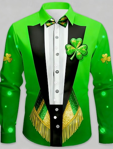  St. Patrick's Day Herren Vierblättriges Kleeblatt Faux Kragen und Anzug Design Hemd Knopf-Down Hemd Langarm Mode Freizeit Party Urlaub Frühling Herbst Umlegekragen 3D Druck Hemden mit Kragen Lila