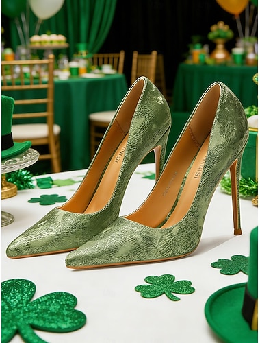  Gröna pumps i satin med stilettklack för kvinnor, spetsiga höga klackar, eleganta festskor för kvinnor, perfekta för St. Patrick's Day-firanden