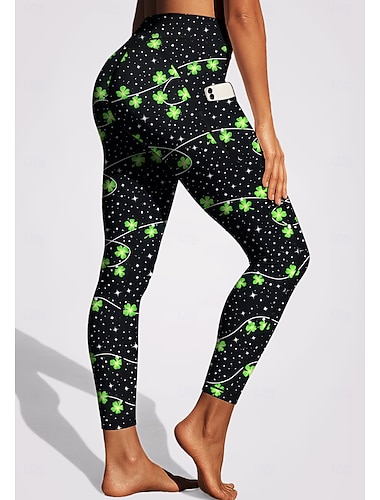  St Patrick Dam pilatesleggings Fitnessbyxor Gymleggings Fickor Stämpelskatt Sidfickor Pilates Gym Gymträning Trikåer Damasker Underdelar Trä / löv Klöver Grön och Svart Mörkgrön sporter Sportkläder