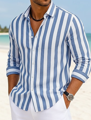  Herren Hemd Leinenhemd Sommerhemd Strandhemd Baumwoll-Leinen-Hemd Gestreifte Hemden Gestreift Lässig Streetwear Blau Rosa Grün Khaki Langarm Umlegekragen Sommer Frühling Bekleidung Button-Down