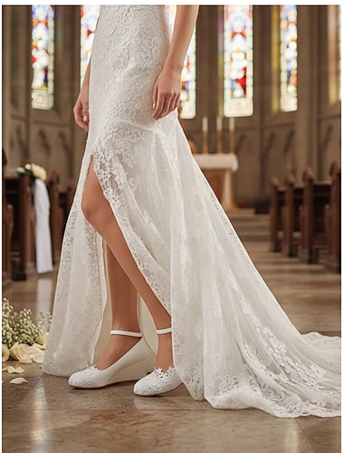  chaussures de mariage compensées en dentelle blanche pour femmes – broderie florale élégante avec bride à la cheville pour les mariées et les occasions spéciales