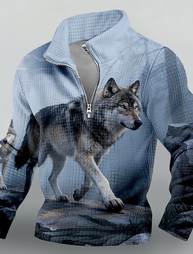  Herren Wolf Waffel Pullover Mode Täglich Jagd Stehkragen Viertelreißverschluss Outdoor Streetwear Reise Camping Blau Purpur Dunkelblau Reißverschluss Herbst Winter Designer S M L XL XXL XXXL