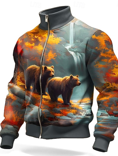  Herren Bär Jacke Pullover Mode Täglich 3D Jagd Stehkragen Outdoor Streetwear Party Braun Braun 2 Braun 4 Braun 3 Reißverschluss Frühling Herbst Designer S M L XL XXL XXXL