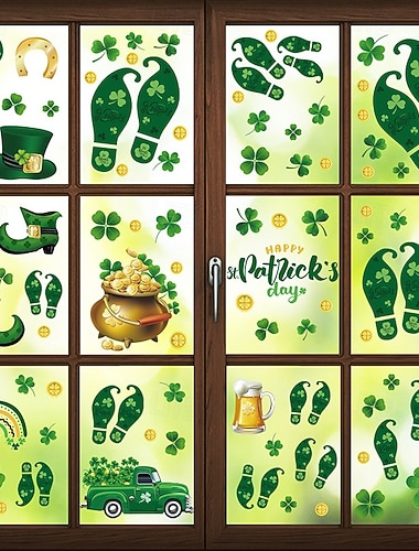  9 Bögen Fensteraufkleber zum St. Patrick's Day, Kleeblatt-, Kobold-, Schuhabdruck- und Goldmünzen-Aufkleber (statisch haftend), irische Partydeko-Glasaufkleber für den Haushaltswarenladen