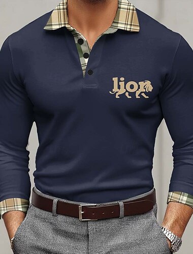  Herre Løve Polo Langærmet Polo skjorter Knaphul Forretningsmæssigt afslappet udendørs Gade atletiktøj Dagligdagstøj 3D-udskrivning Knapper Forår Efterår Blå Rød Lilla